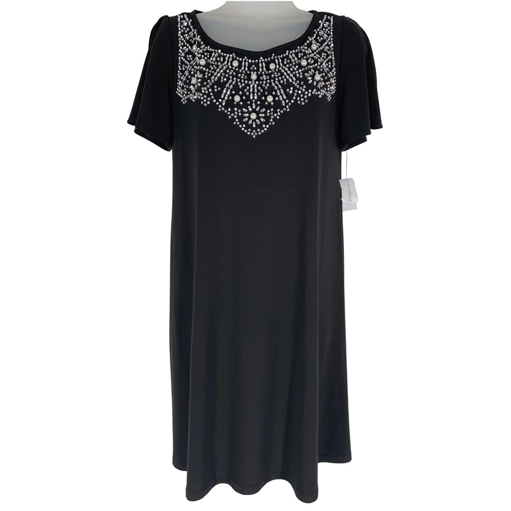Roz & Ali XS Black Embellished Shift Dress Beaded Neck Party Evening